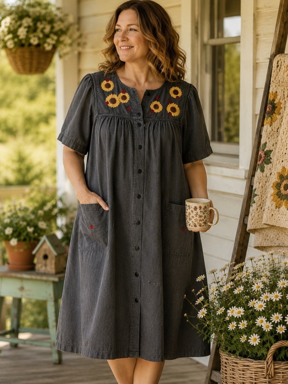 Go Softly Patio Sunflower Ladybug House Dress Cottagecore Chambray Cotton M